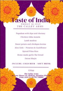 Poster advertising Calley Arms Taste of India night.